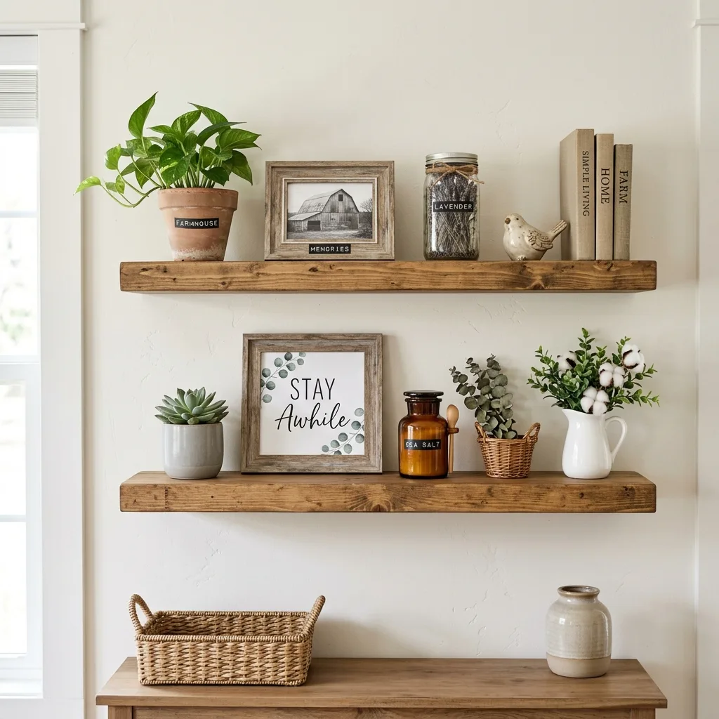 Floating shelf styled with farmhouse decor